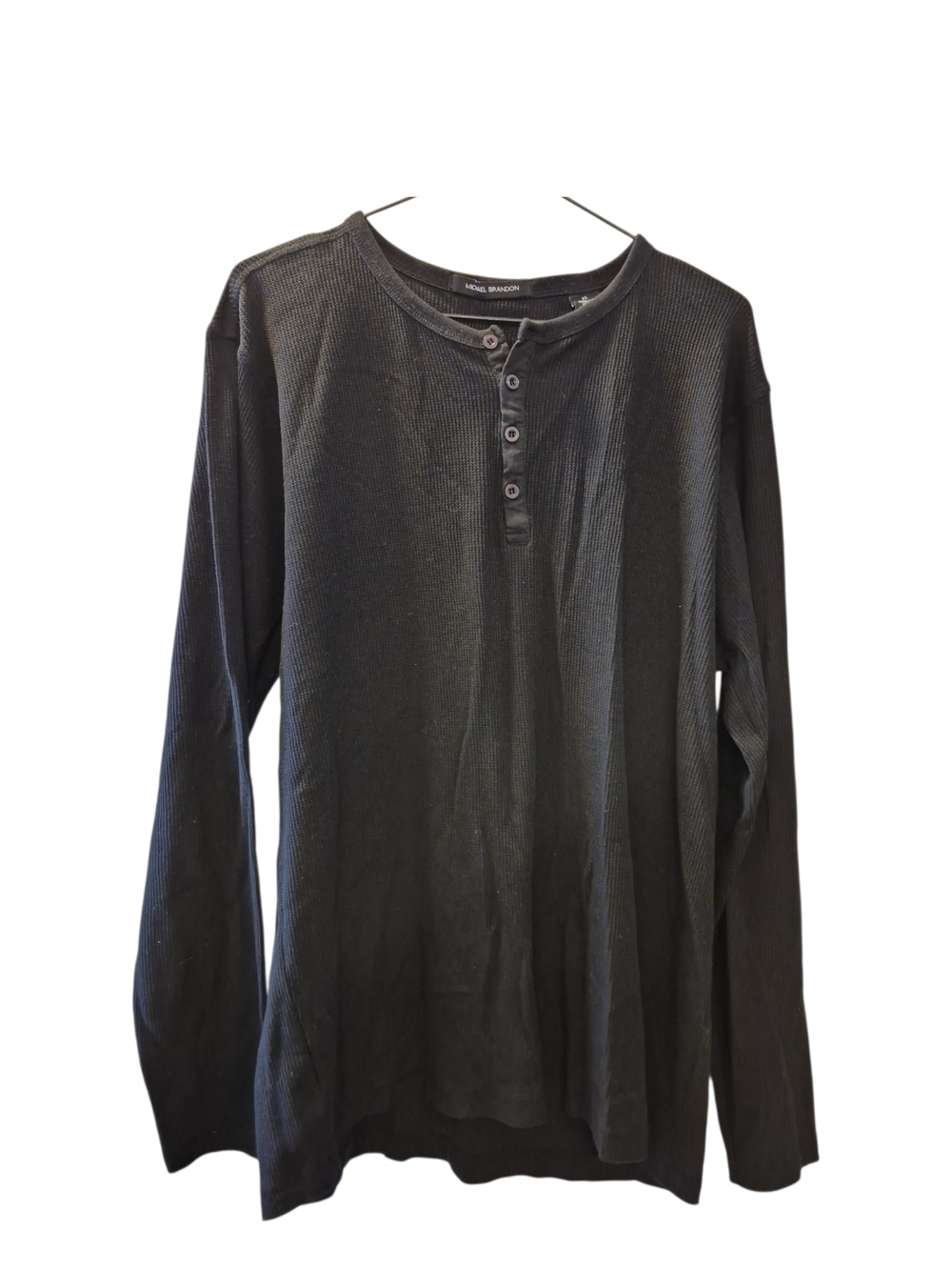 Men's Henley Black Waffle Knit Long Sleeve Shirt, Michael Brandon Size XL